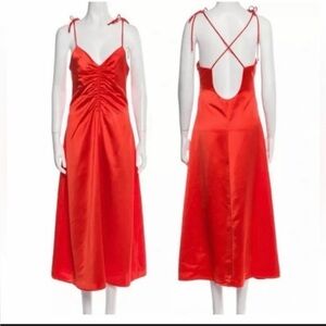 Jason Wu Satin Ruched Midi Slip Dress in Vibrant Orange NWOT